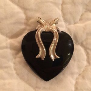 Onyx Heart Pendant has Sterling Silver Ribbon Bail